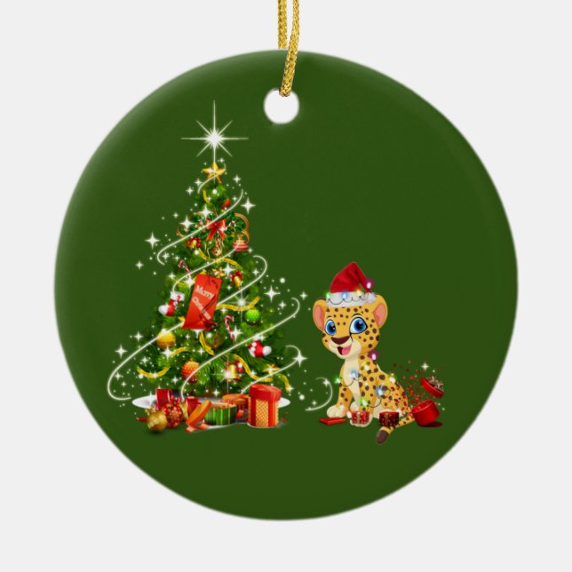 Cheetah With Hat Scaft Christmas Ceramic Ornament (Front)