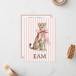 Cheetah With Pink Bow and Stripes Monogram Card