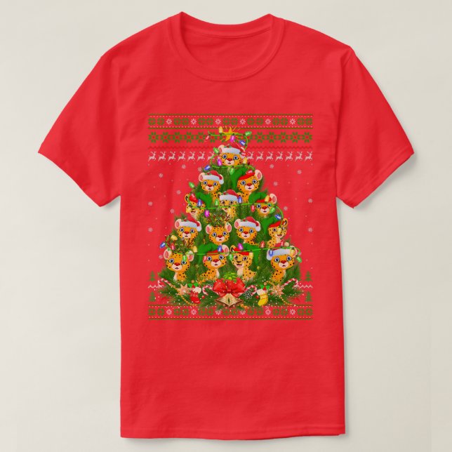Cheetah Xmas Lighting Tree Santa Cheetah Ugly Chri T-Shirt (Design Front)