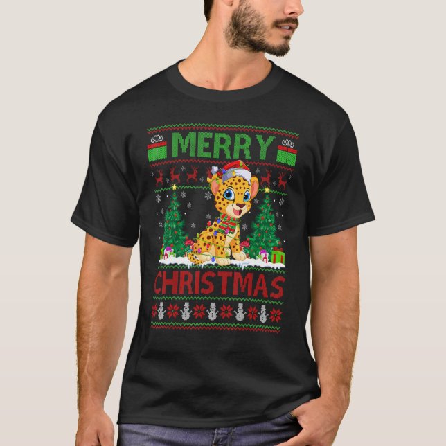 Cheetah   Xmas Tree Lights Ugly Santa Cheetah Chri T-Shirt (Front)