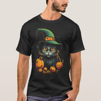Cheetoh Cat in Witch Hat with Pumpkins Funny Graph T-Shirt