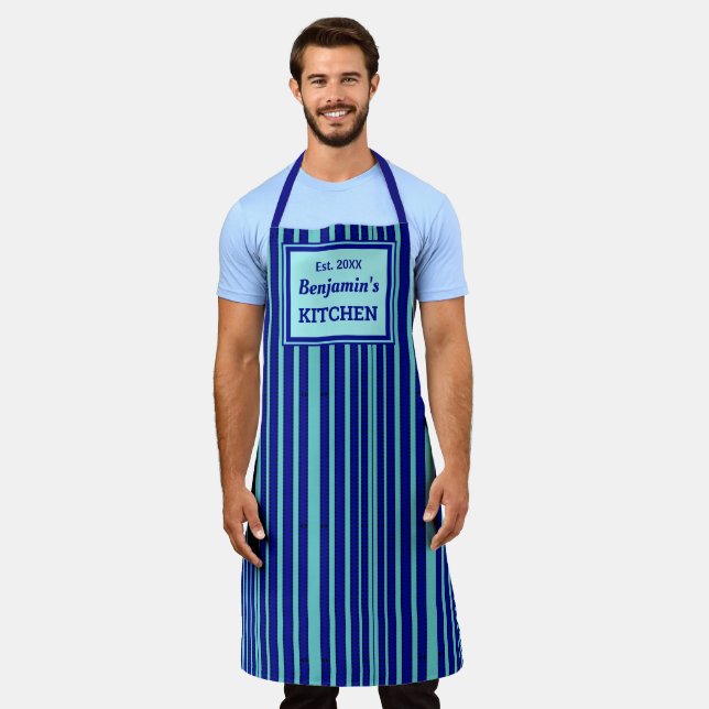 Chef Blue Stripe Geometric Pattern Personalise Apron (Worn)