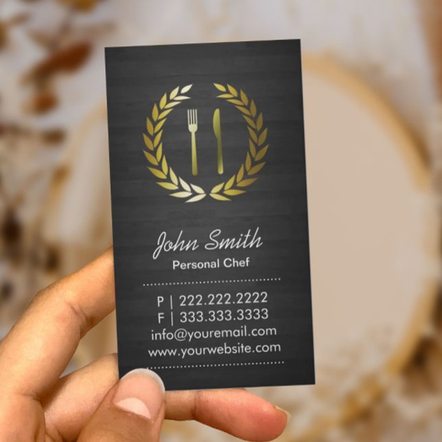 Chef Catering Classy Wood Gold Logo Business Card (Creator Uploaded)
