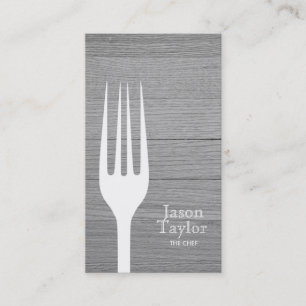 Chef Catering Restaurant Food Fork Logo Grey Wood Business Card