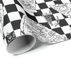 Chef Chequerboard Black White Pizza Pattern Wrapping Paper