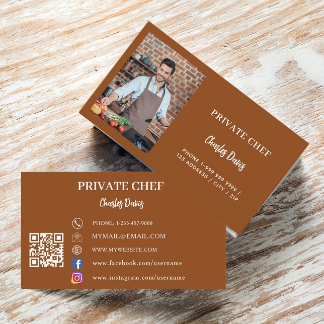 Chef chocolate brown photo catering QR code Business Card (Creator Uploaded)