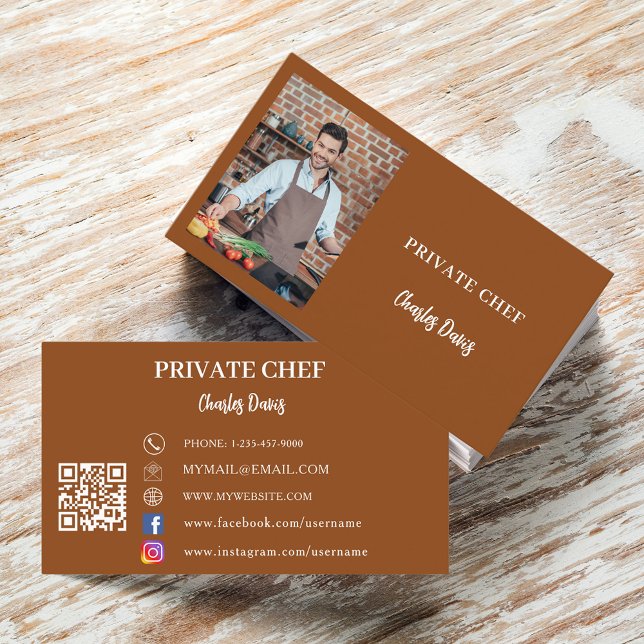 Chef  chocolate brown photo catering QR code Business Card (Creator Uploaded)
