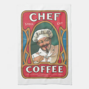 Chef coffee vintage art nouveau kitchen blue red tea towel