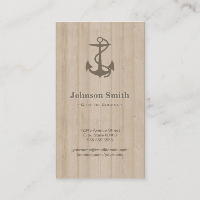Chef de Cuisine - Nautical Anchor Wood Business Card (Front)