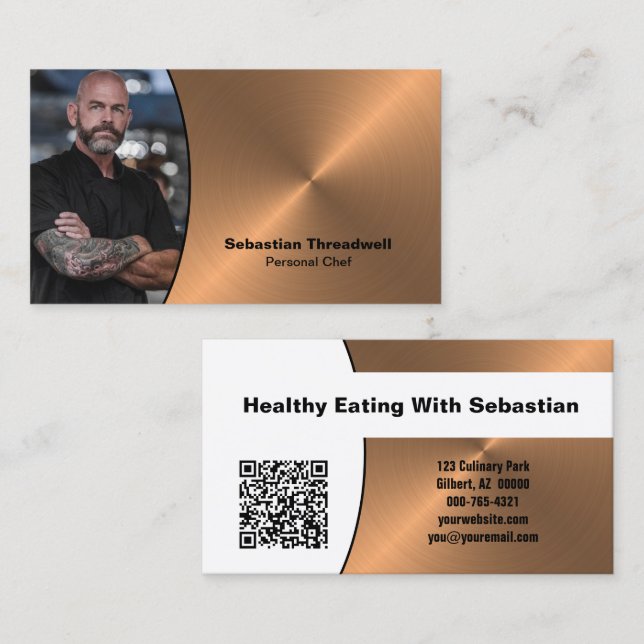 Chef Faux Copper Professional Photo QR Code  Business Card (Front/Back)