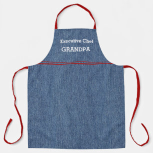 Chef Grandpa or Dad Blue Denim Print Red Accents Apron