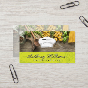 Chef Hat and Knife   Wooden Table of Pastas  Business Card