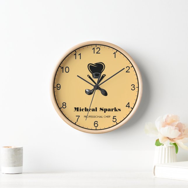Chef hat and spoons silhouette beige clock (Home)
