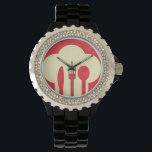 Chef Hat & Utensils on Red Watch<br><div class="desc">Illustrated design of a chef's hat and eating utensils over red backdrop</div>