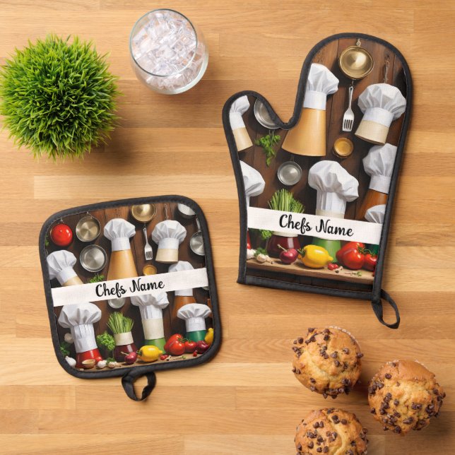 Chef Hats Personalised   Oven Mitt & Pot Holder Set (Top Down)