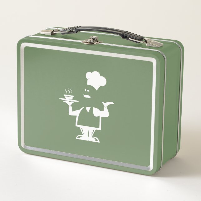 Chef holding a bowl of soup metal lunch box (Front)