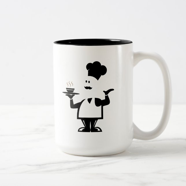 Chef holding a bowl of soup Two-Tone coffee mug (Right)