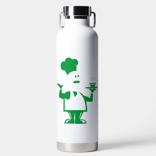 Chef holding a bowl of soup water bottle