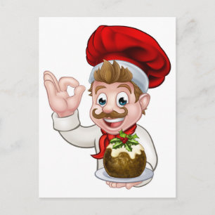 Chef in Christmas Hat Holding Pudding Holiday Postcard