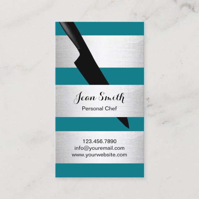 Chef Knife Modern Silver & Teal Stripes Catering Business Card (Front)