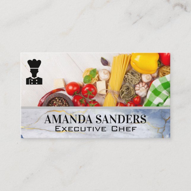 Chef Logo | Vegetables Pasta | Marble Business Card (Front)