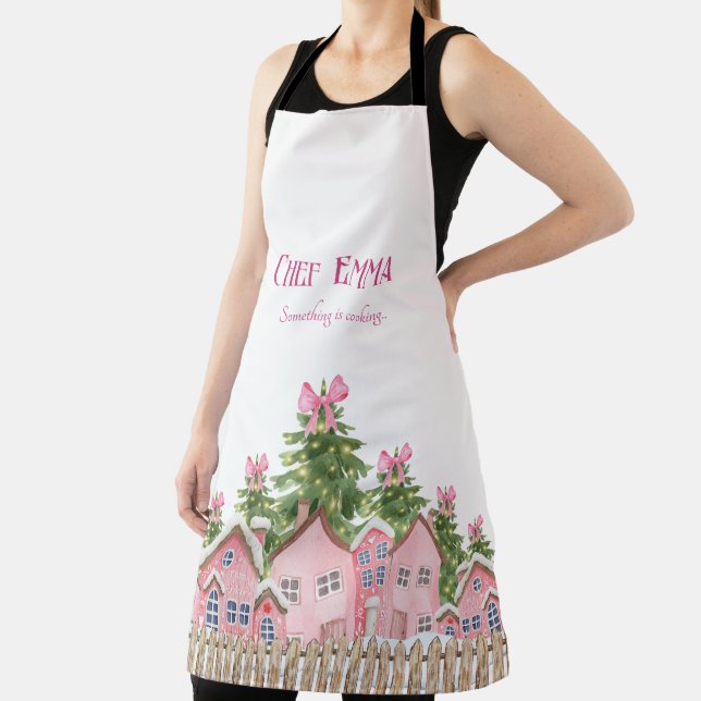 Chef (Name) Pink Village Bow Tree Christmas Apron (Insitu)