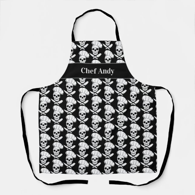 Chef Pirate Skulls and Knives Black and White Apron (Front)