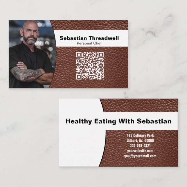 Chef Professional Photo Brown Leather QR Code  Business Card (Front/Back)