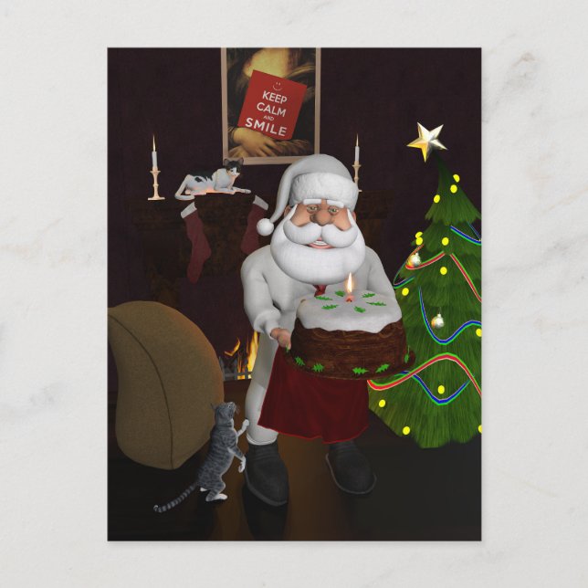 Chef Santa With Birthday Cake Holiday Postcard (Front)