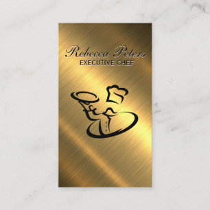 Chef Serving Food Logo   Gold Metallic Business Card