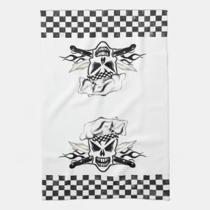 Chef Skull adn Flaming Chef Knives 2 Tea Towel