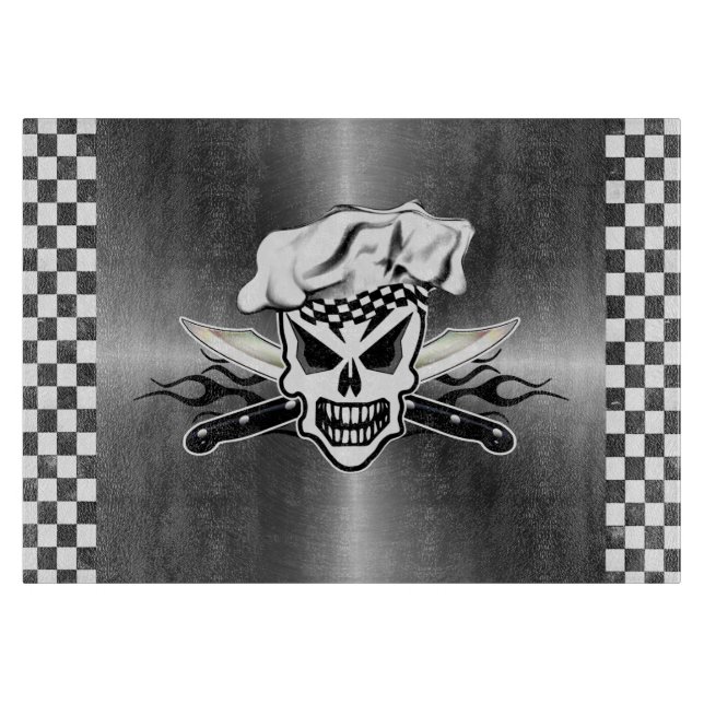 Chef Skull and Flaming Chef Knives 2 Cutting Board (Front)