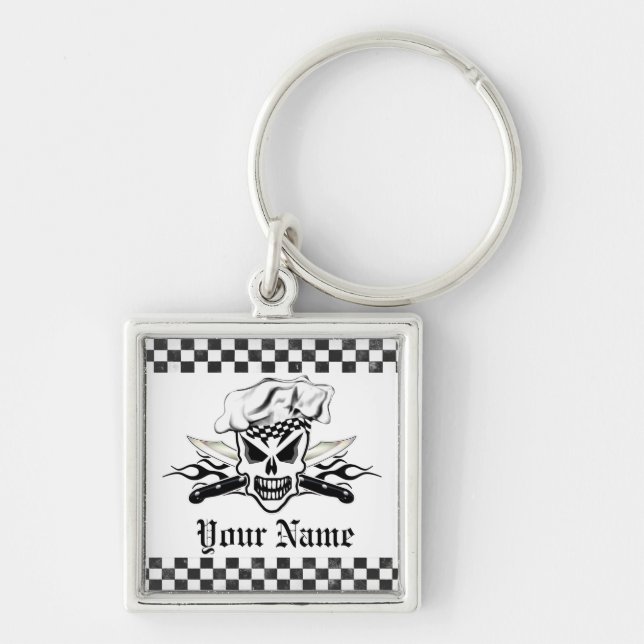 Chef Skull and Flaming Chef Knives 2 Key Ring (Front)