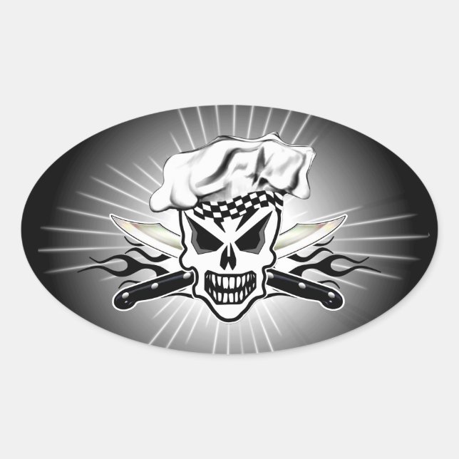 Chef Skull and Flaming Chef Knives 2 Oval Sticker (Front)