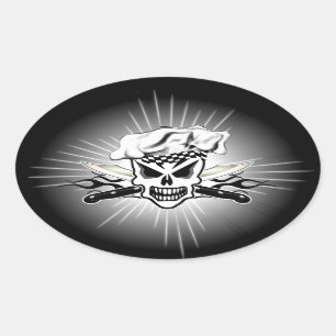 Chef Skull and Flaming Chef Knives 2 Oval Sticker