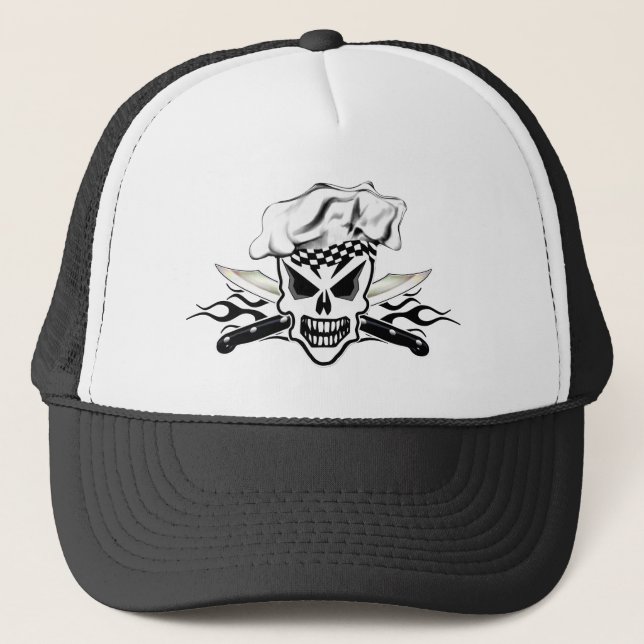 Chef Skull and Flaming Chef Knives 2 Trucker Hat (Front)
