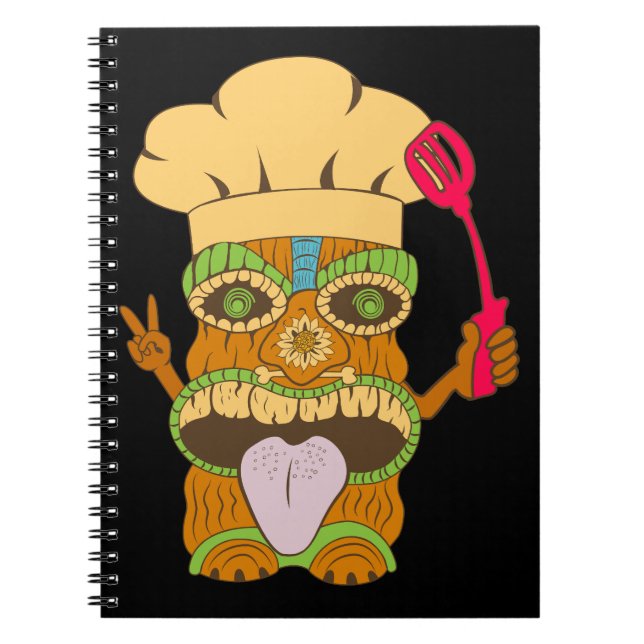 Chef Tiki Statue with Spatula, Funny Black Notebook (Front)
