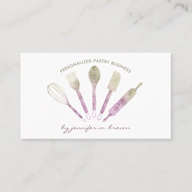 Chef Tools Glitter rose gold Pastry Logo Business Card (Front)