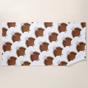 Chef Turkey Cartoon Thanksgiving Beach Towel