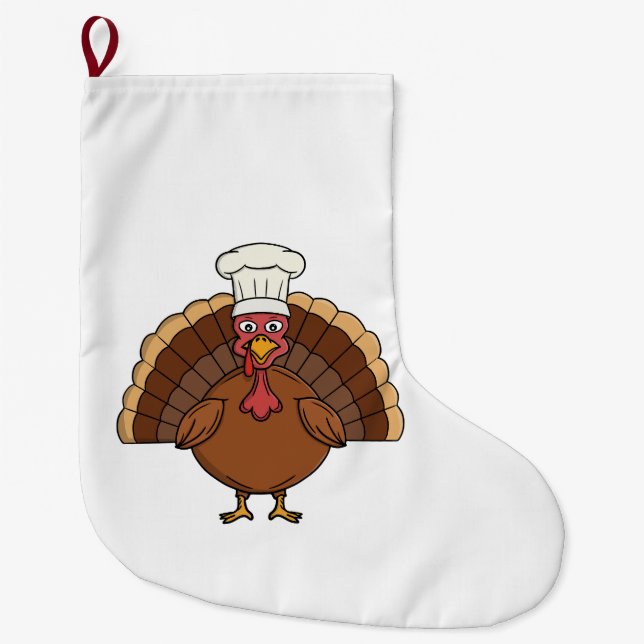 Chef Turkey Cartoon Thanksgiving Large Christmas Stocking (Front)
