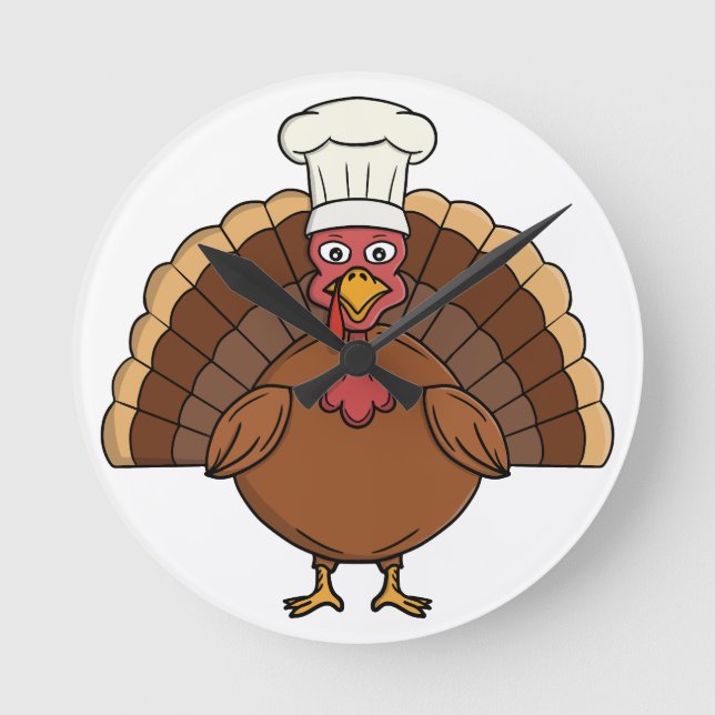 Chef Turkey Cartoon Thanksgiving Round Clock (Front)