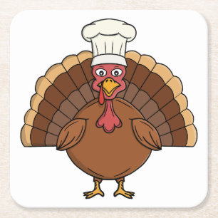 Chef Turkey Cartoon Thanksgiving Square Paper Coaster
