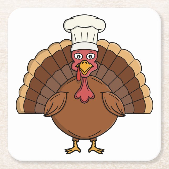 Chef Turkey Cartoon Thanksgiving Square Paper Coaster (Front)