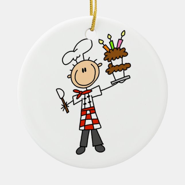 Chef With Birthday Cake Ceramic Tree Decoration (Front)