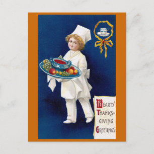 Chef with Tureen of Soup and Fruit Thanksgiving Holiday Postcard
