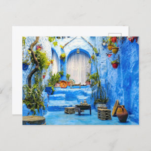 Chefchaouen Blue City Morocco Oil Painting Boho Holiday Postcard