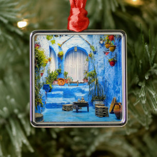 Chefchaouen Blue City Morocco Oil Painting Boho Metal Ornament