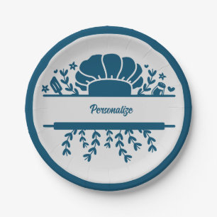 Chef's Hat Blue Grey Cook Personalised Party Paper Plate