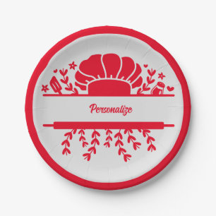 Chef's Hat Red Grey Cook Personalised Party Paper Plate
