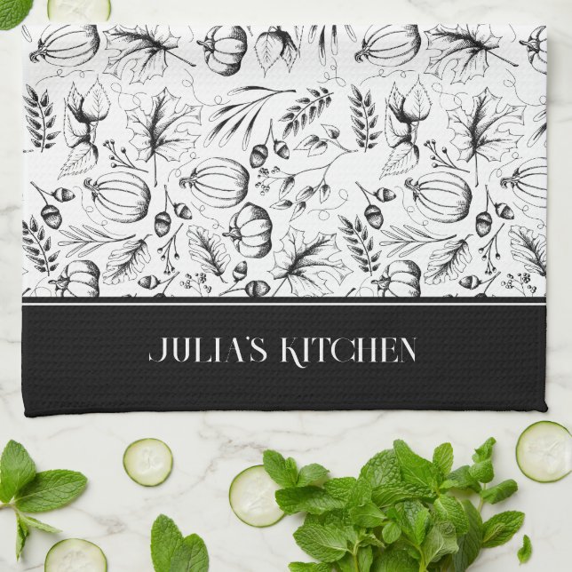 Chef's Kitchen Black Modern Fall Illustration Tea Towel (Folded)